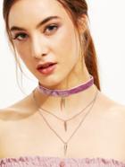 Romwe Purple Velvet Layered Spike Choker Necklace