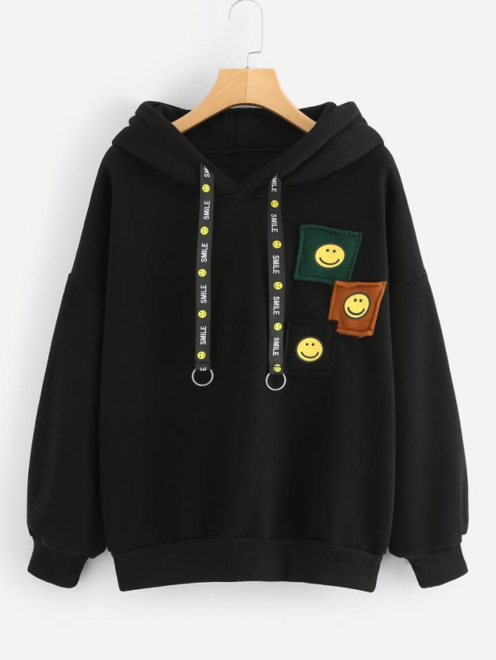 Romwe Drop Shoulder Patch Decorated Hoodie