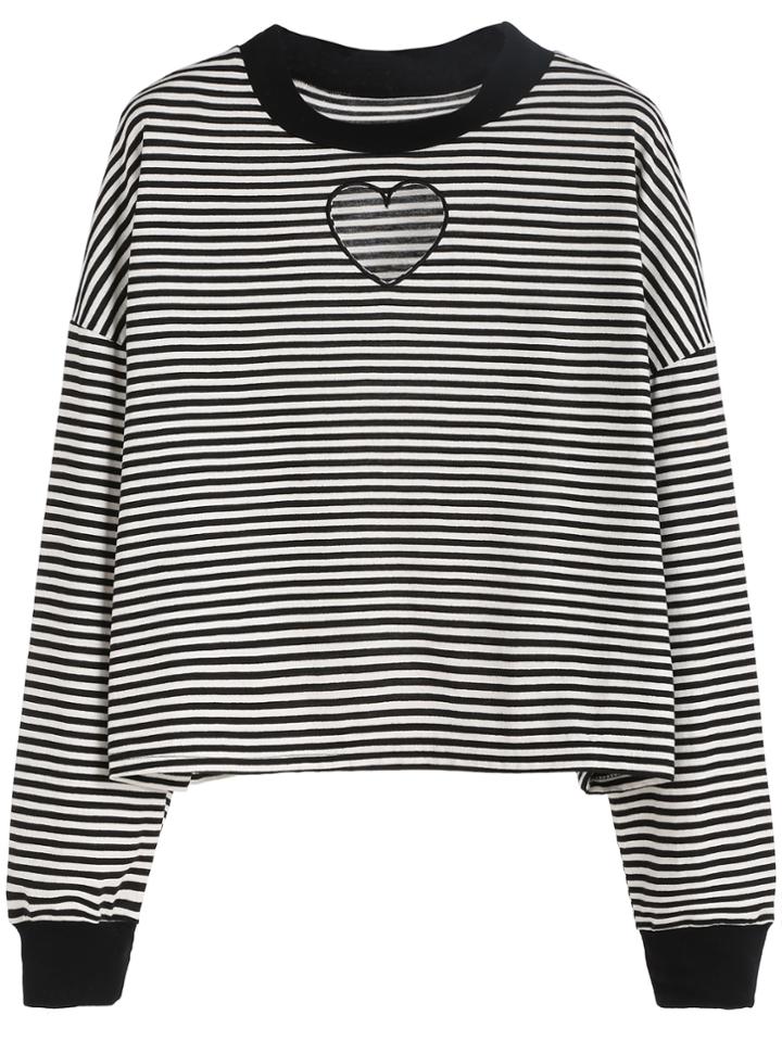 Romwe Black White Striped Drop Shoulder Heart Embroidered Sweatshirt