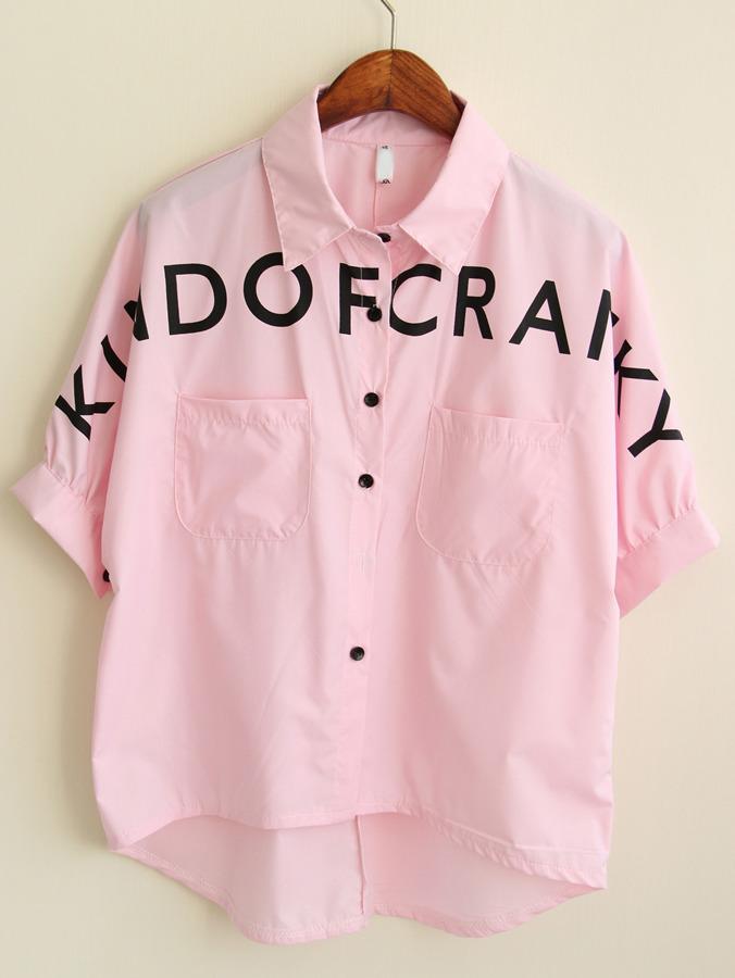 Romwe Lapel Dip Hem Letter Print Pink Blouse