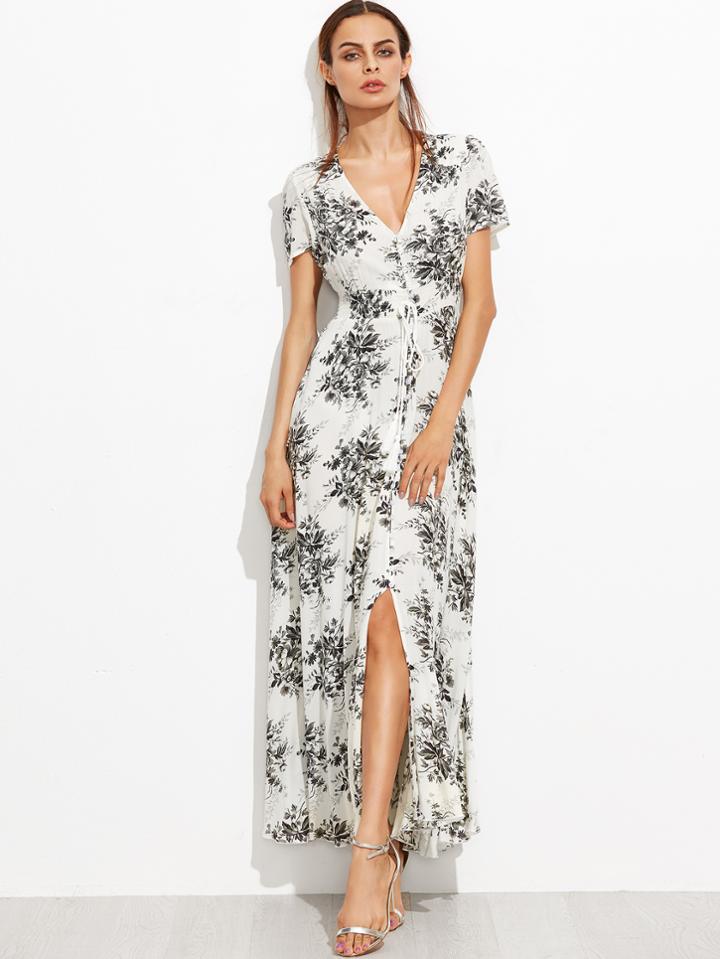 Romwe White Floral Deep V Neck Tie Detail Split Front Dress