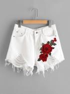 Romwe Destroyed Denim Shorts With Embroidered Applique