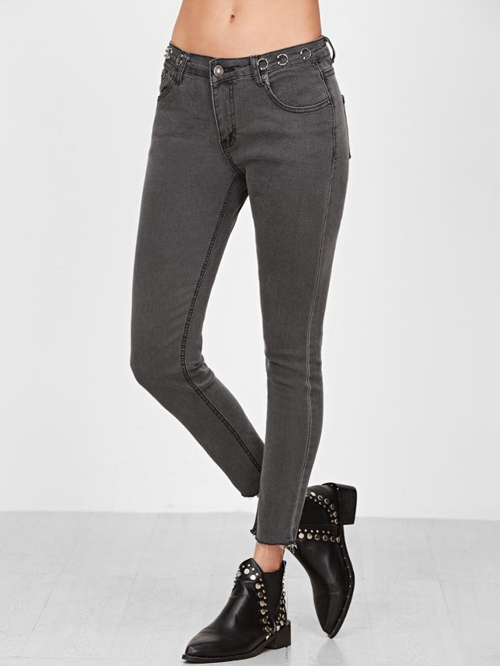 Romwe Grey Frayed Hem Ring Accent Skinny Jeans
