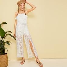 Romwe Lace Fringe Hem Cami Jumpsuit