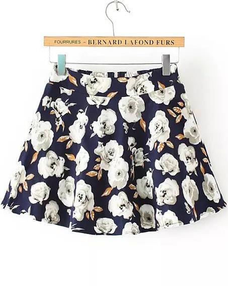 Romwe Navy Flower Print With Zipper Skirt