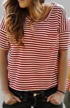 Romwe Red Striped Heart Hollow T-shirt