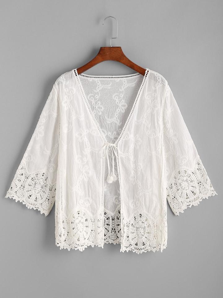 Romwe Crochet Lace Trim Tie Front Top