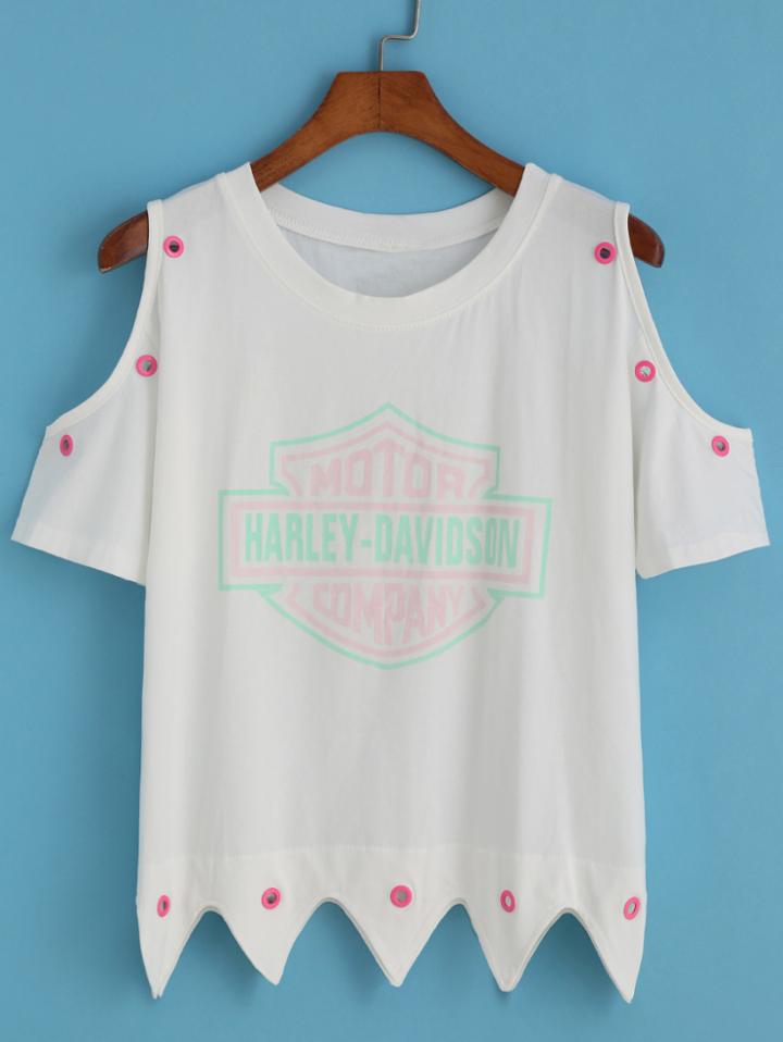 Romwe Open Shoulder Letter Print Ring Hollow T-shirt