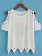 Romwe Open Shoulder Letter Print Ring Hollow T-shirt