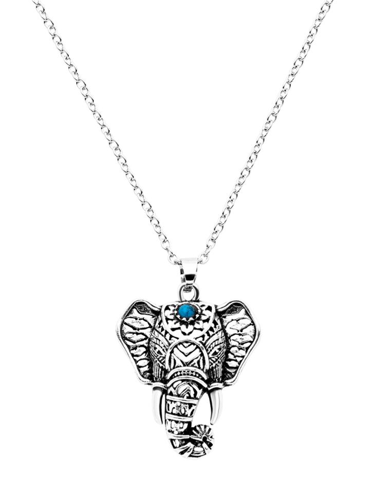 Romwe Antique Silver Elephant Design Statement Necklace