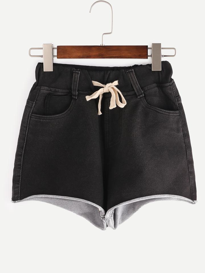 Romwe Drawstring Waist Raw Hem Black Denim Shorts