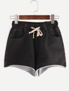 Romwe Drawstring Waist Raw Hem Black Denim Shorts