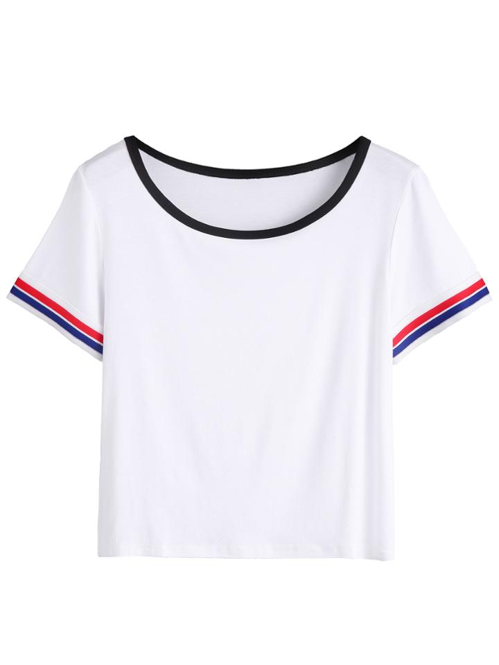 Romwe White Contrast Neck Crop T-shirt With Striped Tape Detail