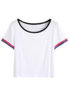 Romwe White Contrast Neck Crop T-shirt With Striped Tape Detail
