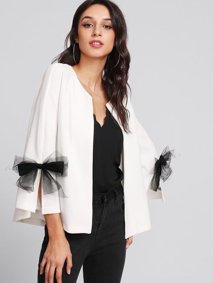 Romwe Bow Slit Bell Sleeve Textured Blazer