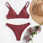 Romwe Cut-out V-plunge Top With Ruched Bikini Set