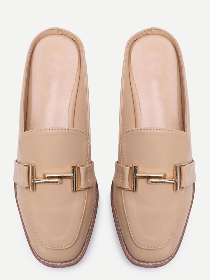 Romwe Apricot Faux Leather Metal Embellished Loafer Slippers