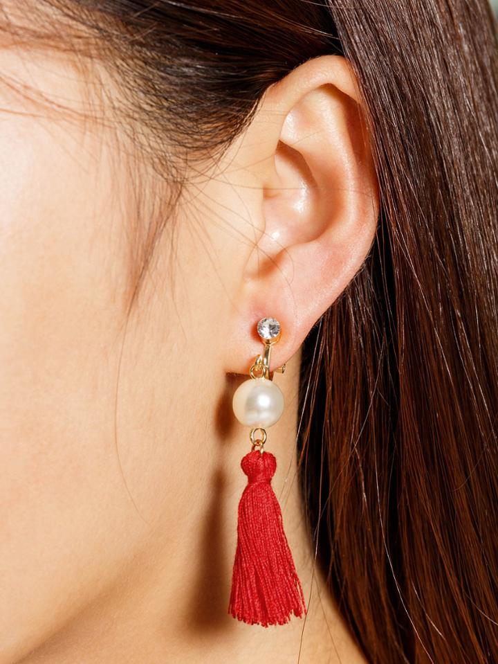 Romwe Faux Pearl And Tassel Decorated Drop Earrings