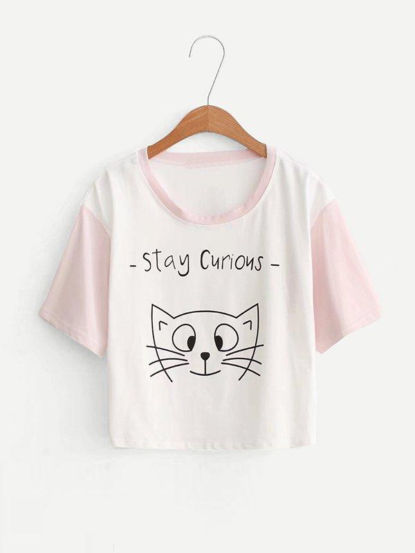 Romwe Cartoon Pattern Contrast Sleeve Tee