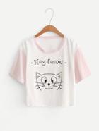 Romwe Cartoon Pattern Contrast Sleeve Tee
