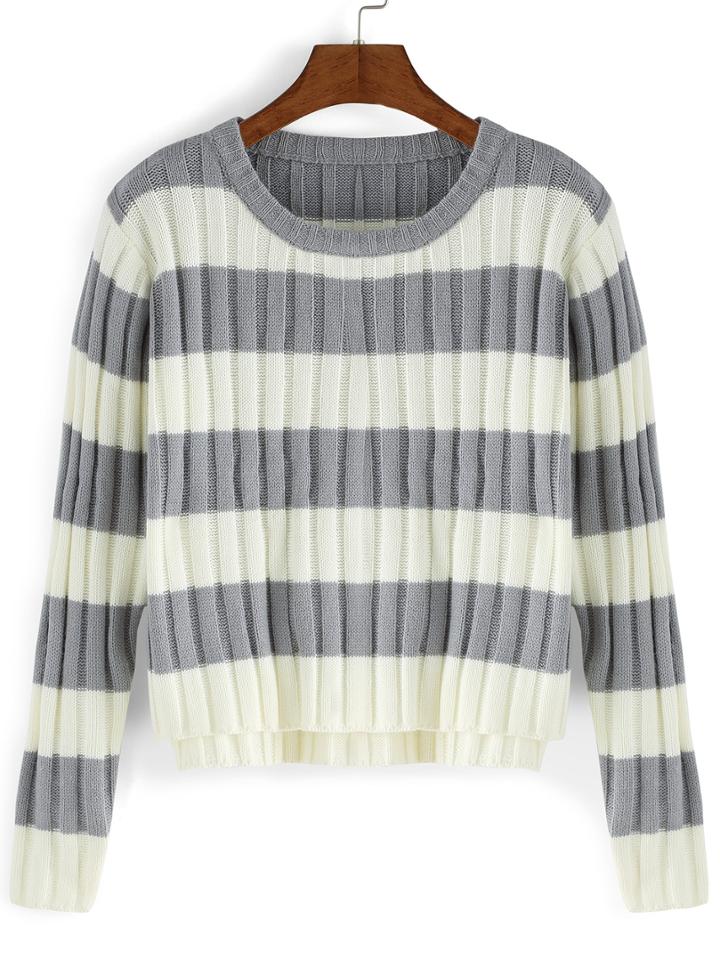 Romwe Striped Dip Hem Grey Sweater