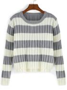 Romwe Striped Dip Hem Grey Sweater