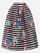 Romwe Fruit Print Black White Striped Volume Skirt
