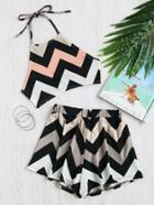 Romwe Chevron Print Bow Tie Open Back Crop Top With Shorts