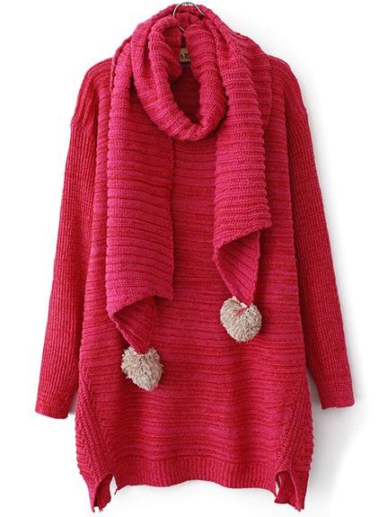 Romwe Dropped Shoulder Seam Split Red Sweater Dress With Pom Pom Scarf