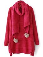 Romwe Dropped Shoulder Seam Split Red Sweater Dress With Pom Pom Scarf
