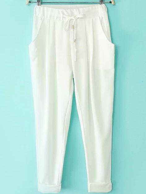 Romwe Drawstring Waist Pockets White Pant