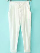 Romwe Drawstring Waist Pockets White Pant