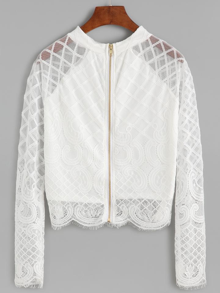 Romwe White Zipper Front Scalloped Hem Lace Coat