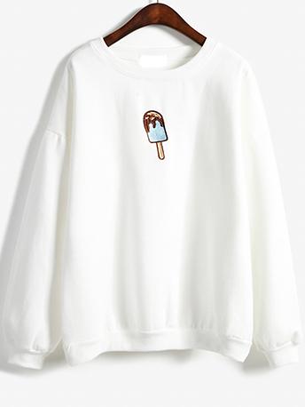 Romwe Round Neck Ice Cream Embroidered White Sweatshirt