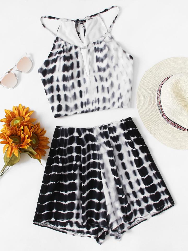 Romwe V Cut Water Color Self Tie Back Crop Top With Shorts