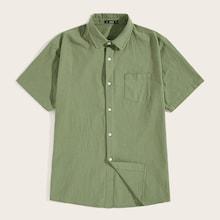 Romwe Guys Pocket Front Button Up Solid Shirt