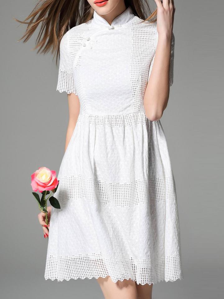 Romwe White Collar Embroidered Hollow A-line Dress
