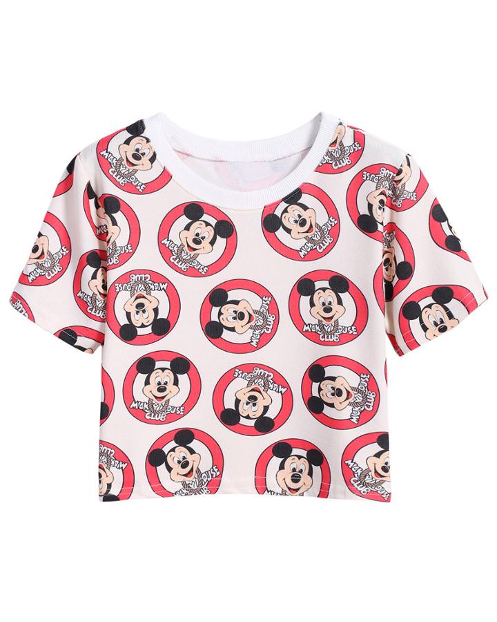 Romwe Mickey Print Crop Apricot T-shirt