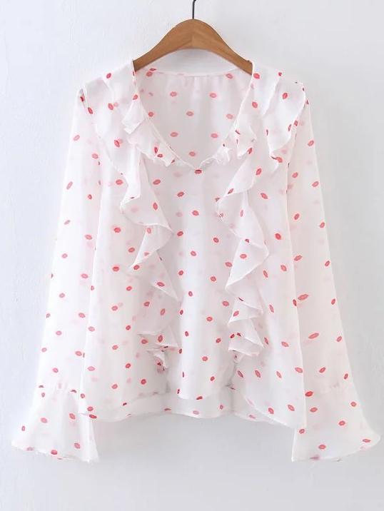 Romwe White Lip Print Bell Cuff Ruffle Top
