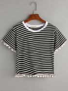 Romwe Black Striped Contrast Trim Pom Pom T-shirt
