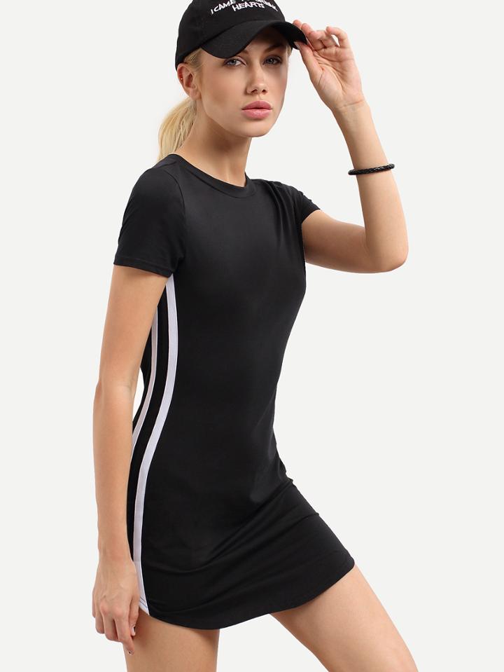 Romwe Black Short Sleeve Striped Side T-shirt Dress