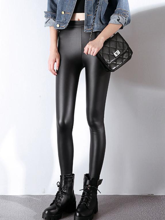 Romwe Elastic Waist Thicken Velvet Pu Leggings