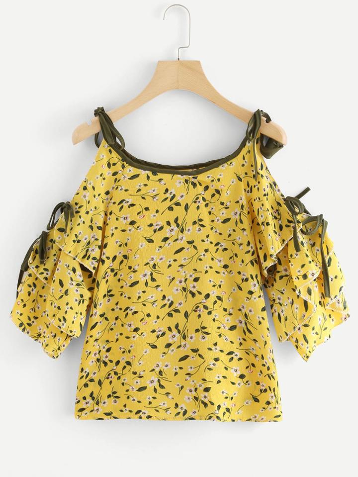 Romwe Floral Tiered Tie Sleeve Blouse