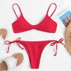 Romwe Tie Side Twist Plain Bikini Set