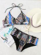 Romwe Multicolor Tribal Print Criss Cross Detail Bikini Set