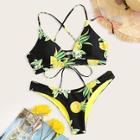 Romwe Random Lemon Print Criss-cross Lace Up Back Bikini Set