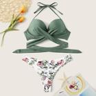 Romwe Crisscross Wrap Halter Top With Floral Bikini Set
