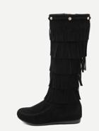 Romwe Black Faux Suede Flat Tassel Knee High Boots