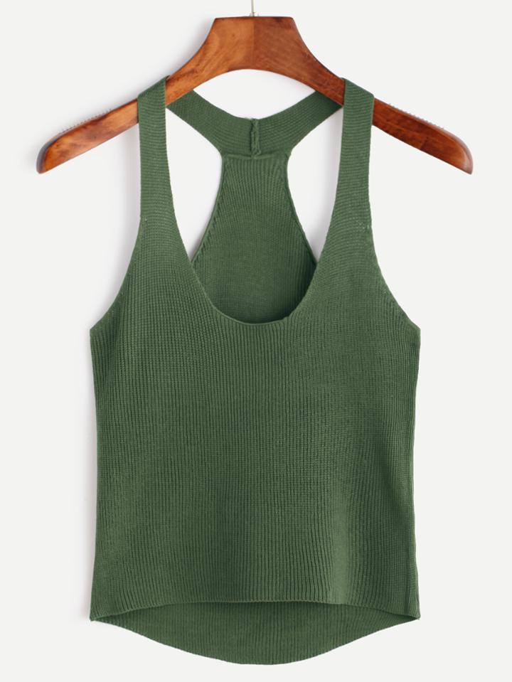 Romwe Green Knit Dip Hem Tank Top