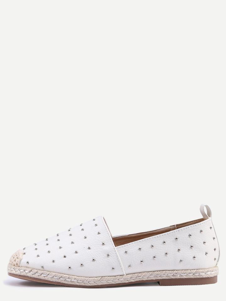 Romwe White Round Toe Studded Espadrille Flats